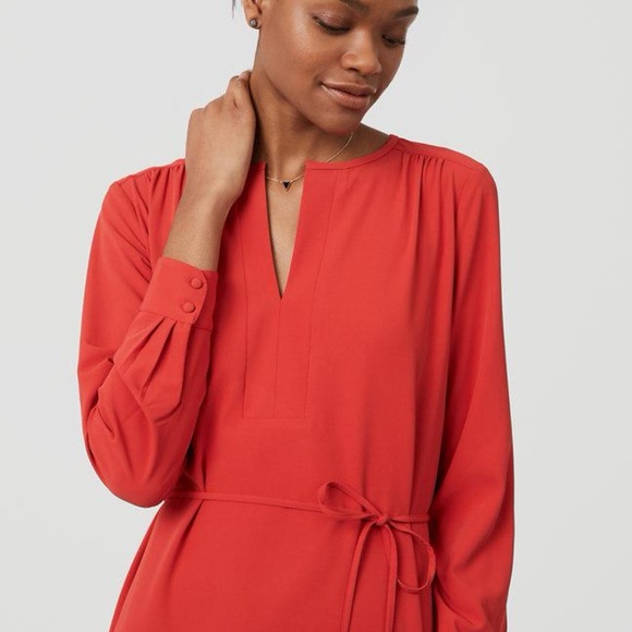 LOFT Red Flare Split Neck Shirtdress (XS) - Picture 2 of 3